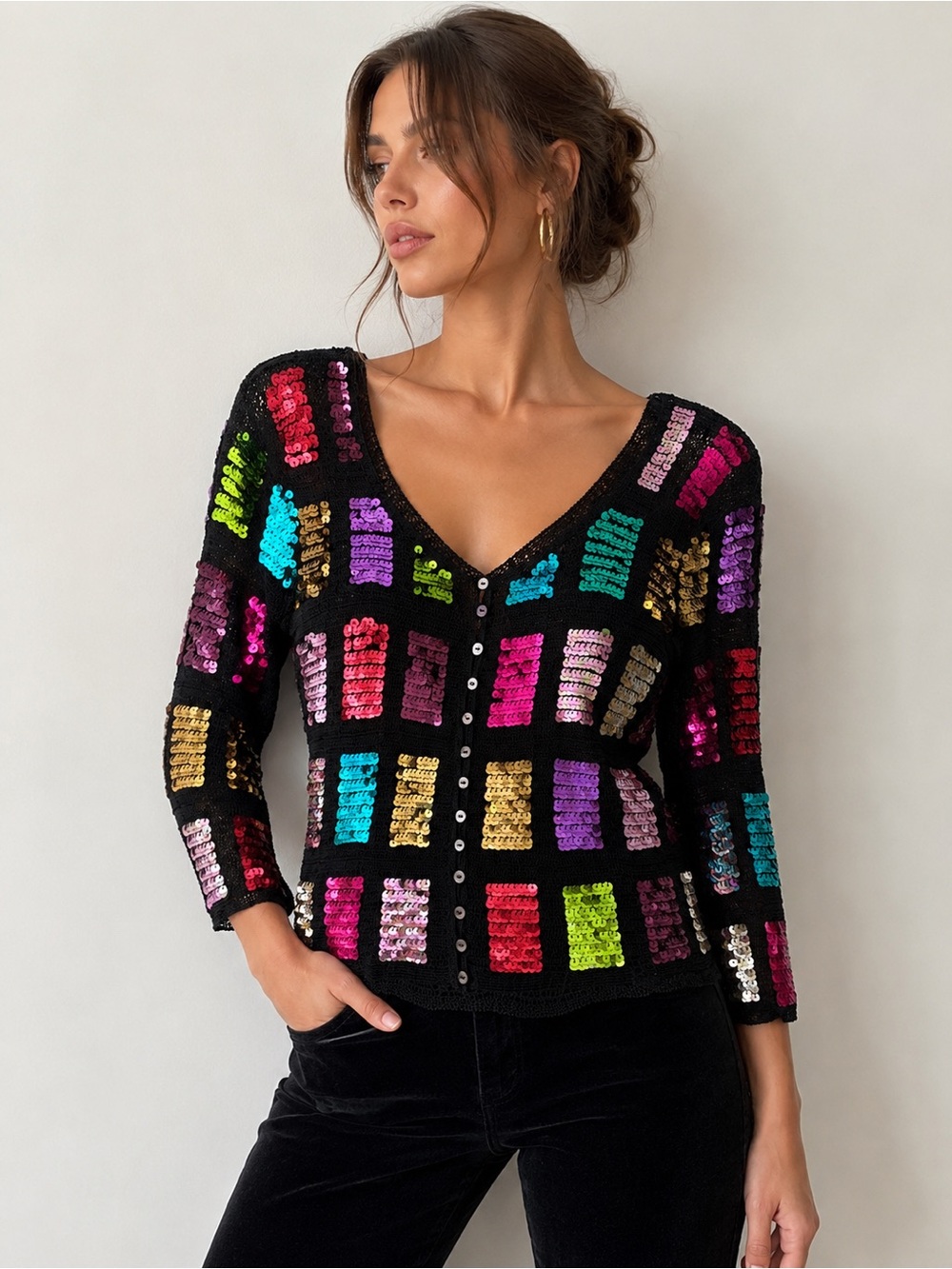 Karen Millen RARE Y2K Sequin Crochet Cardigan Size 2 Multicolor Statement Top